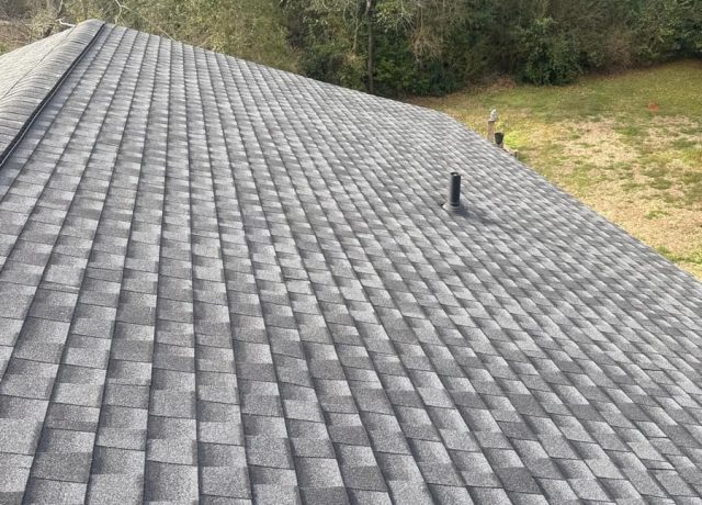 New shingle slope with a black plumbing vent, hip cap at upper left, woods behind
