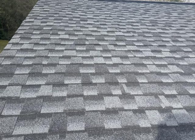 Close view of gray shingle courses running straight up to the ridge in winter light
